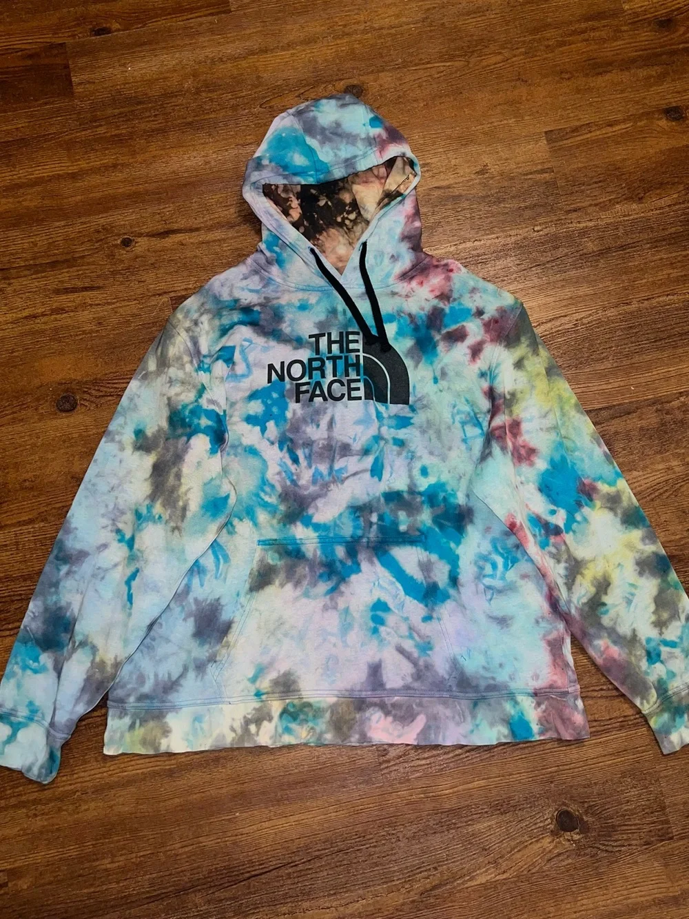 The North Face Blue Tie-Dye Retro Colorful Upcycled Graphic Hoodie Size XXL