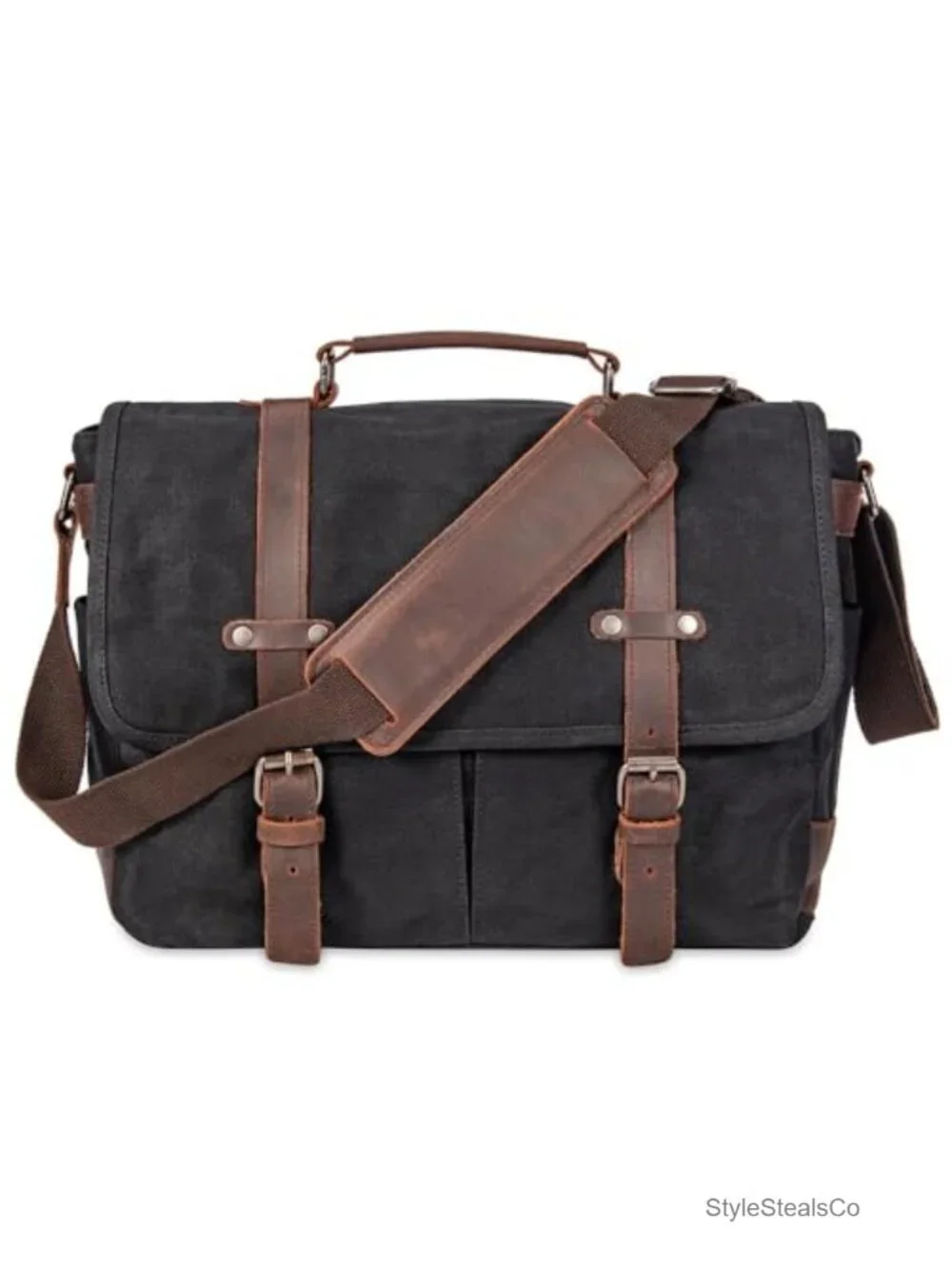 Vintage Genuine Leather Waxed Canvas Laptop Messenger Bag with Padded Sleeve