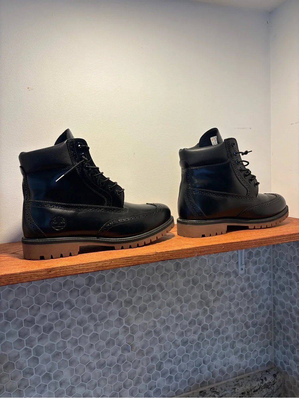 Timberland Men’s Black Leather Wingtip Boots. Never worn only laced them up!