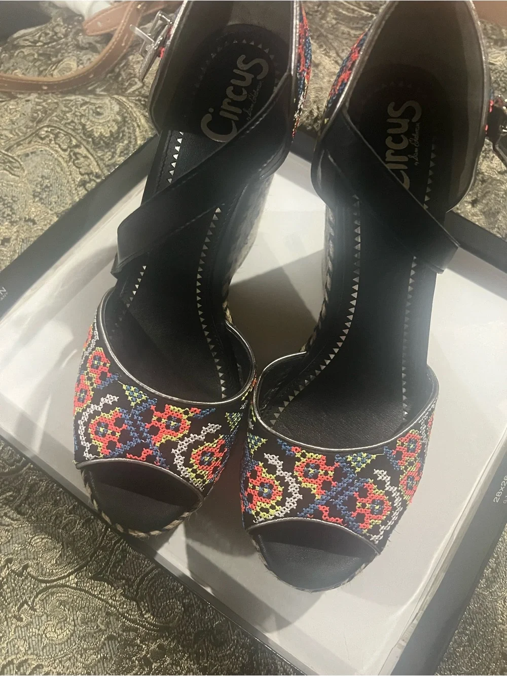 Circus by Sam Edelman Black Espadrille Wedges with Multicolor Embroidery