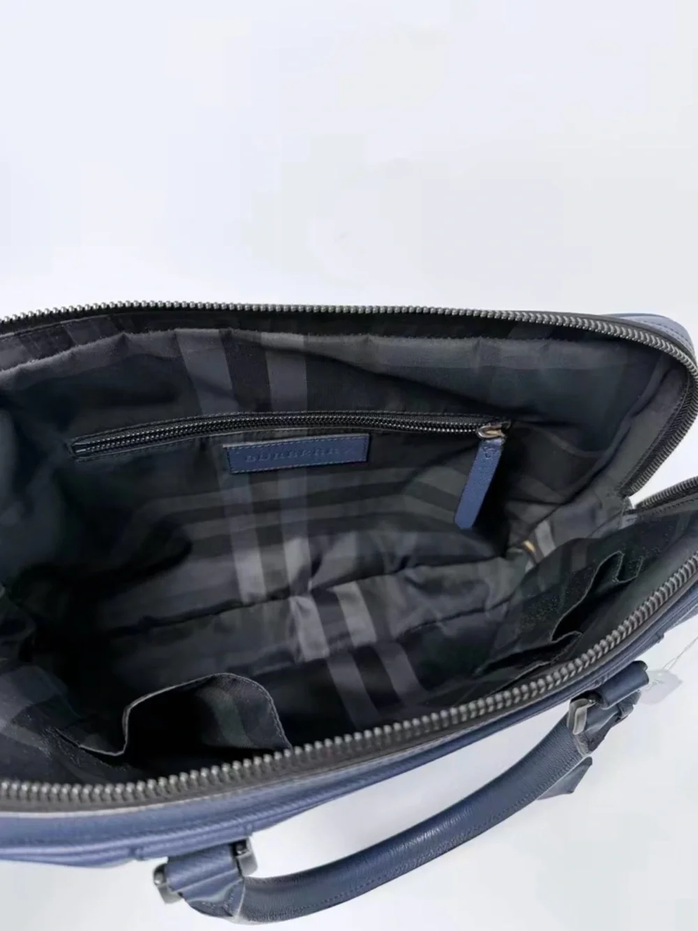 Burberry Navy Leather Laptop Briefcase with Black Detachable Strap