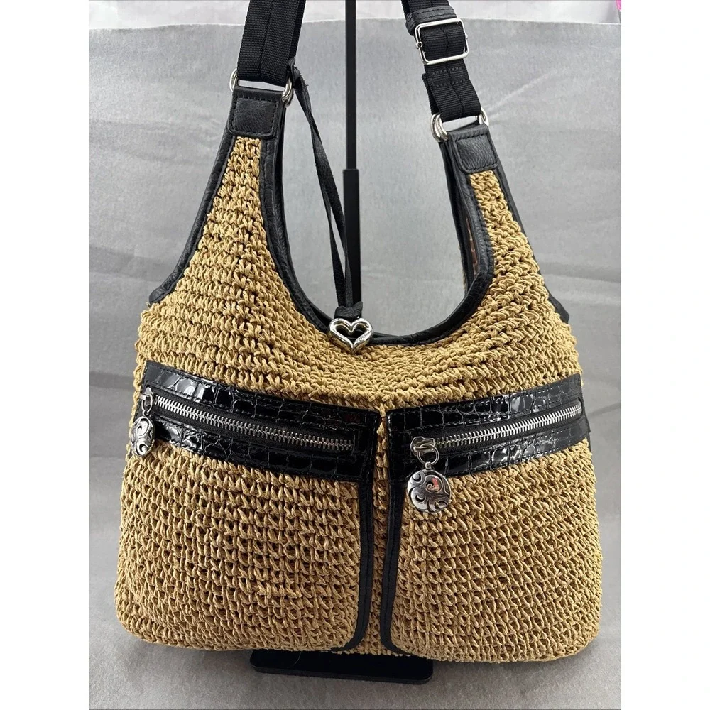 Brighton‎ Large Woven Straw Hobo Crossbody Zip Leather Trim Front Pockets EUC