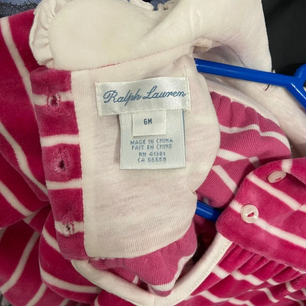 Ralph Lauren Hot Pink White Striped Velour One Piece Outfit White Collar Footies