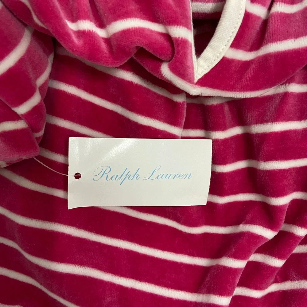 Ralph Lauren Hot Pink White Striped Velour One Piece Outfit White Collar Footies
