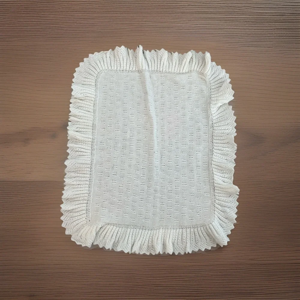 Vintage Handmade Baby Blanket  White With Delicate Pink Flowers‎