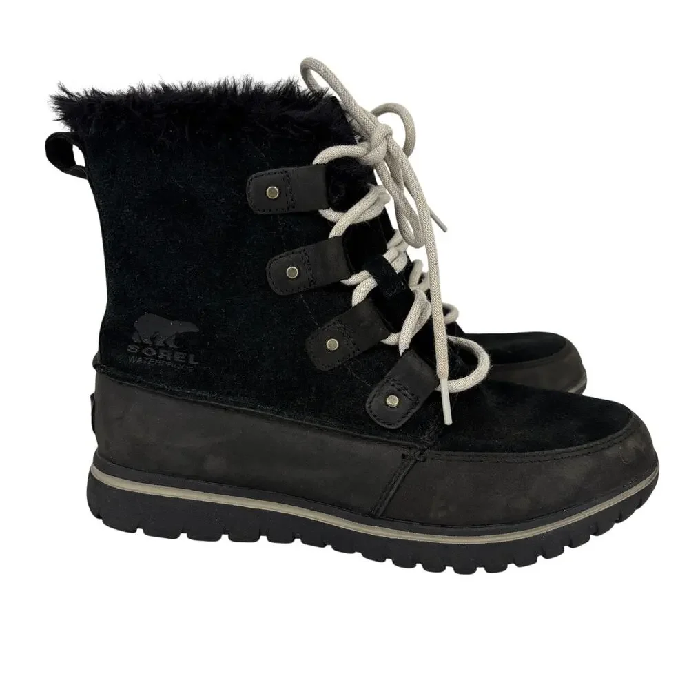 Sorel Cozy Joan Boots Size 7.5 Black Leather Nubuck Faux Fur Lace Up Waterproof