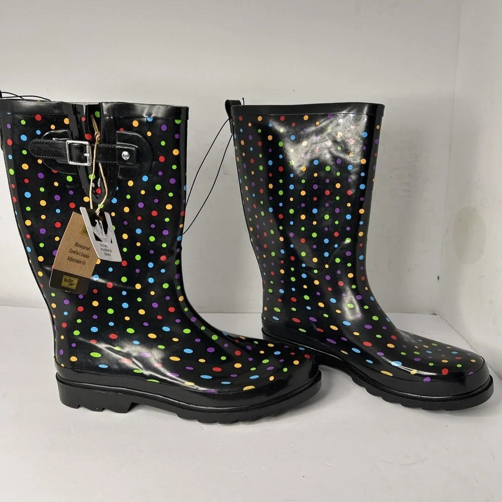 Western Chief Women 11 M Rain Boot Black Ditsy Polka Dot Pull On Shoe Waterproof