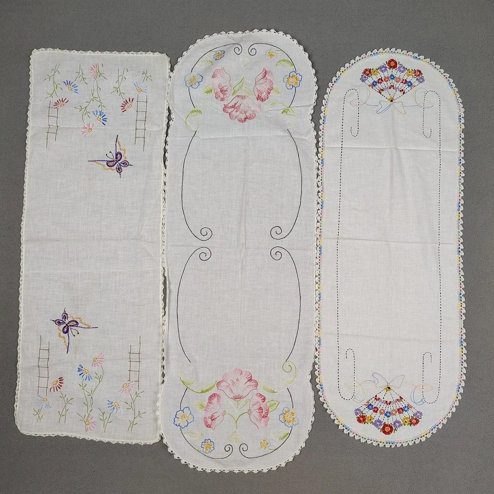 Vintage MCM Floral Table Runner Cloth Set (3) Various Small 36