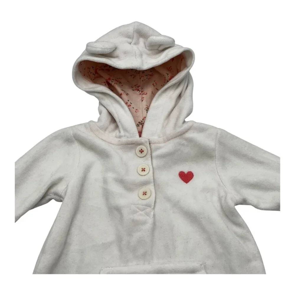 Carter’s Baby Hooded Fleece One Piece 9M Heart & Button Detail White Pink Floral