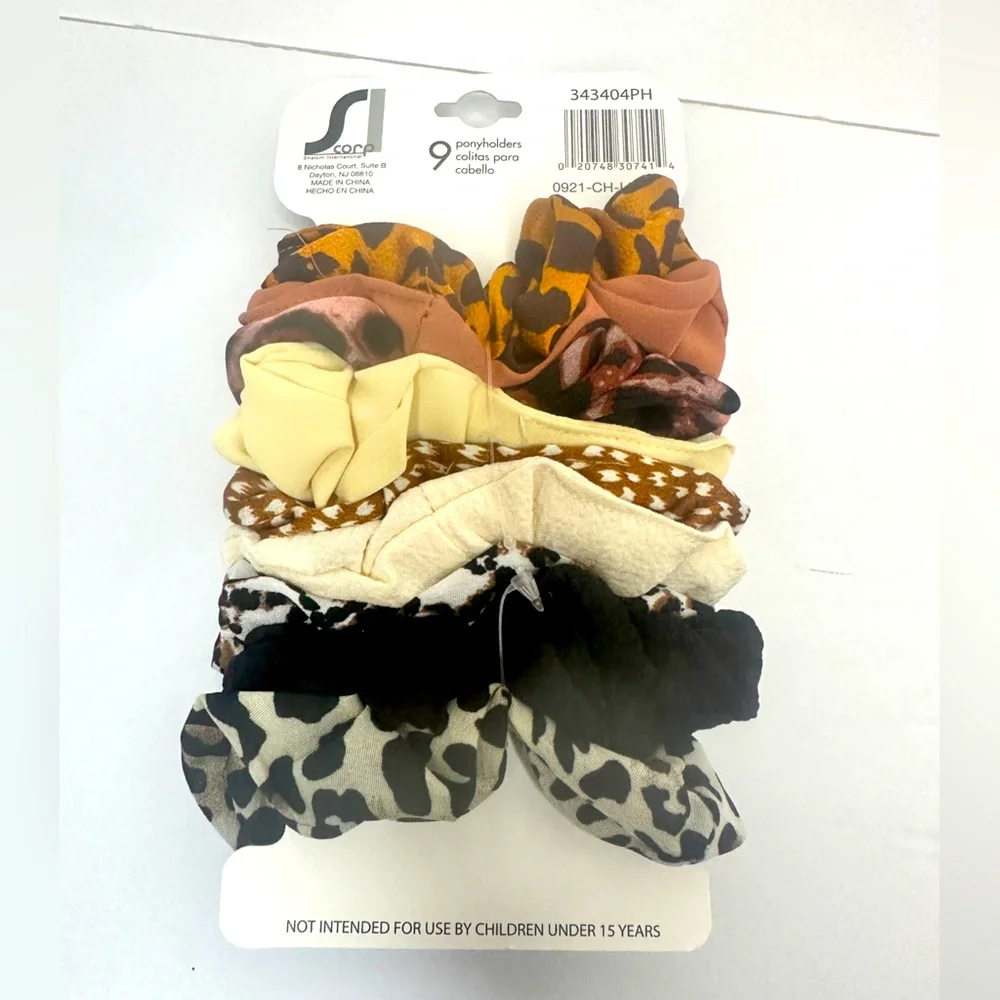 Black & Neutral Animal Print Hair Accessories 9 Hair Scrunchies & 1 Black Bow