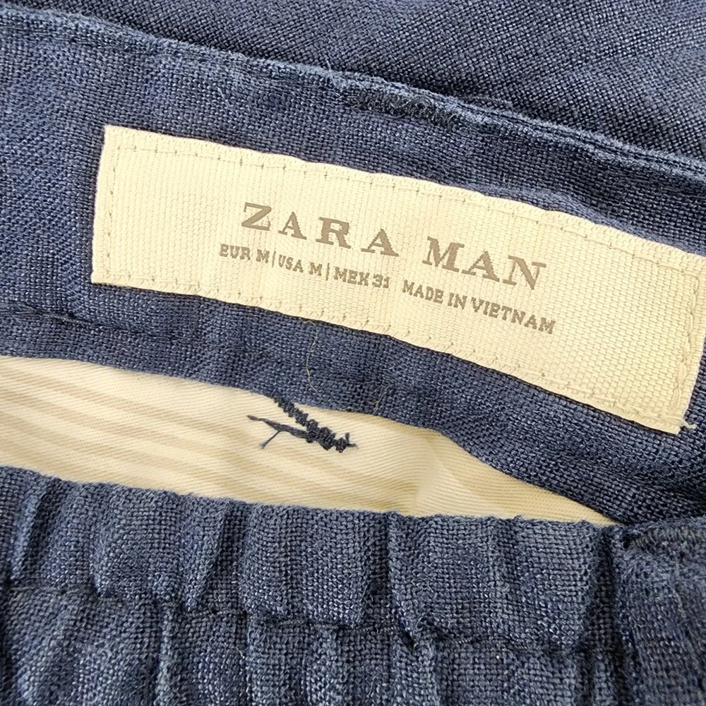 Zara Man Medium Navy Blue 100% Linen Drawstring Tapered Trousers Mens Summer