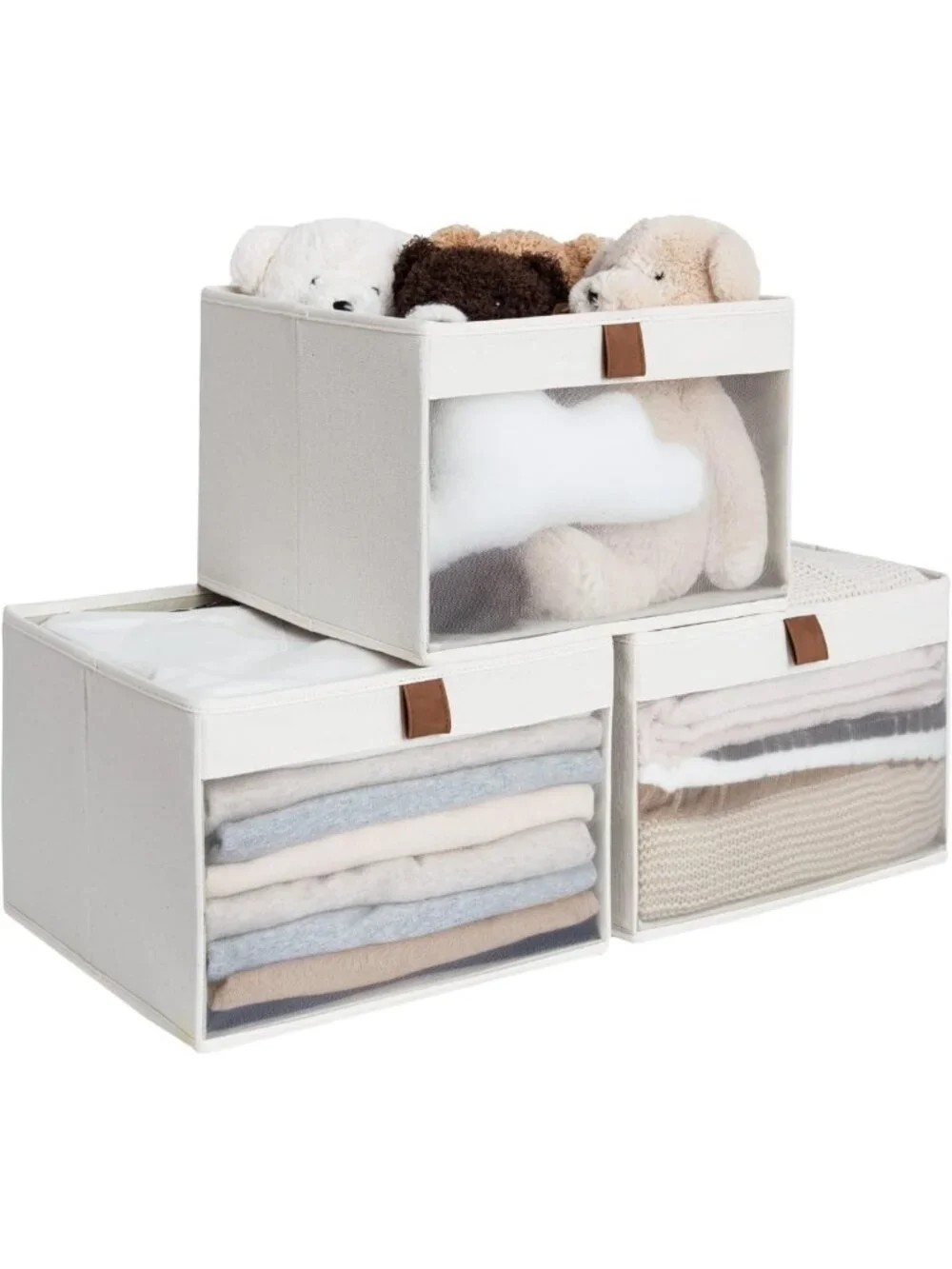 Large Foldable Storage Bins with Clear Window & Handles - 3 Pack Beige Fabric