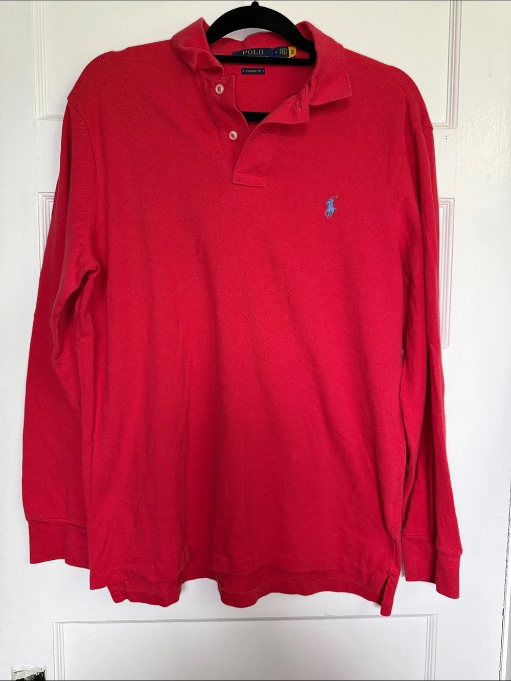 Ralph Lauren Red Long-Sleeve Polo with Blue Pony Logo Classic Fit Sz M