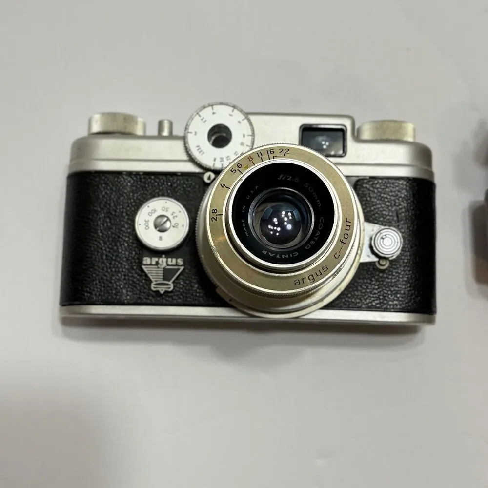 Vintage Argus C-Four 35mm Camera With 50mm f/2.8 Cintar Lens And Leather Case