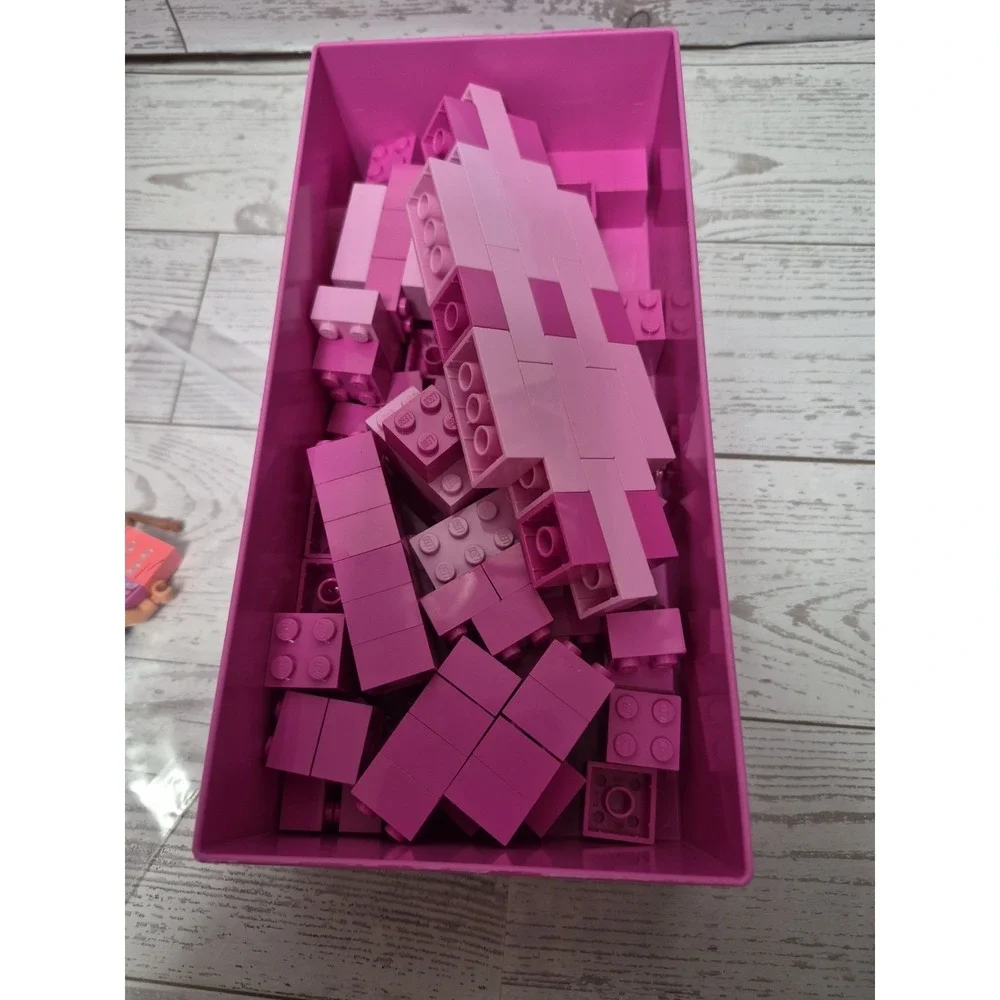 Pink Lego Bricks Container And 2 Figures