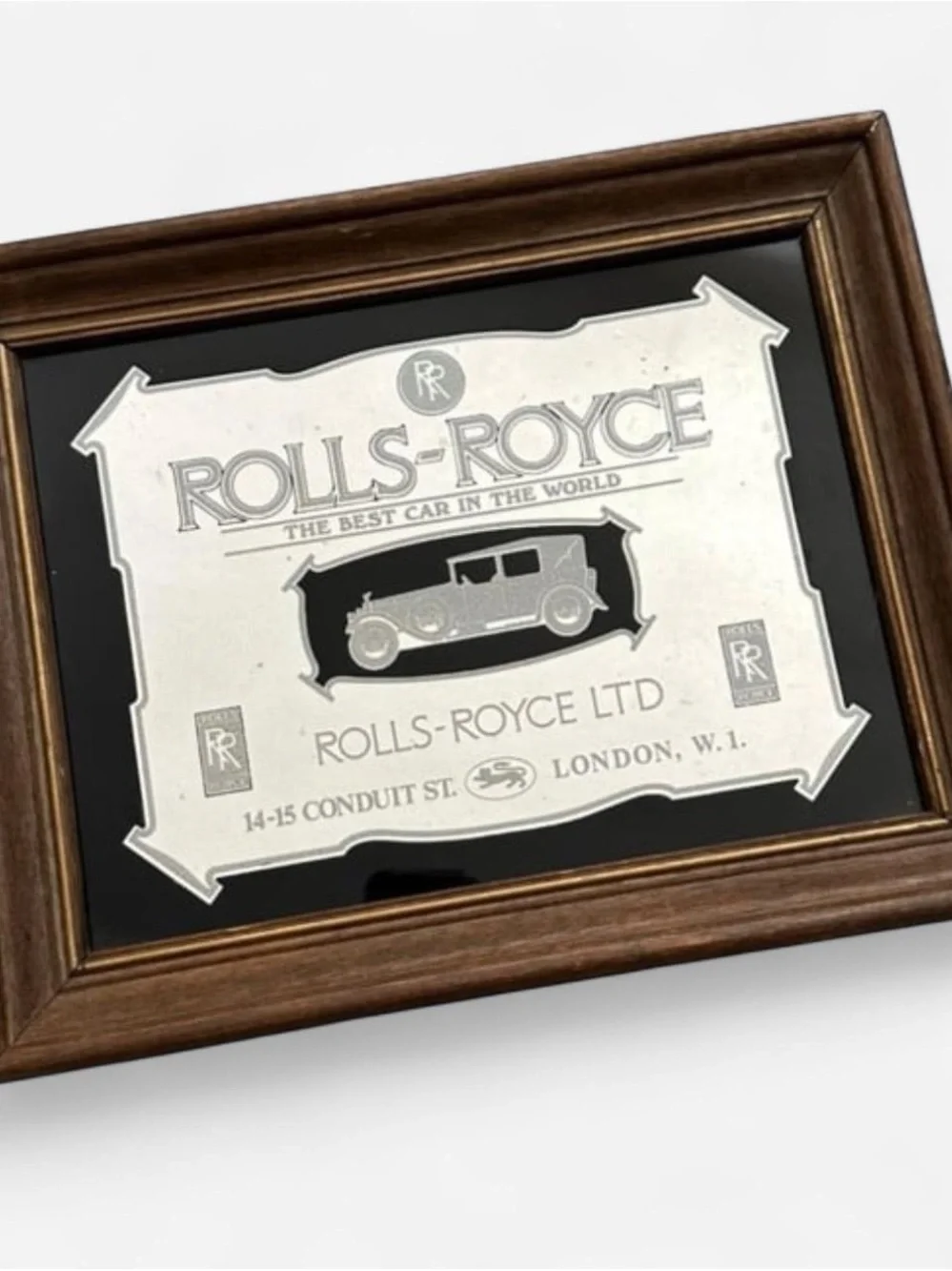 Vintage Rolls-Royce Silver Collectible Wall mirror Plaque in Brown Frame