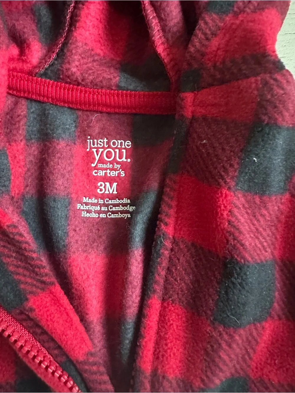 Carter's Red and Black Buffalo Plaid Hooded One-Piece with Bear Pocket