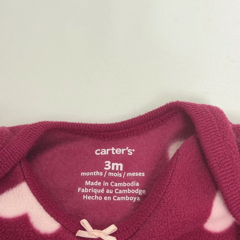 Carters Baby Girl 3M Fleece Sleep Sack Gown Burgundy Pink Heart Long Sleeve