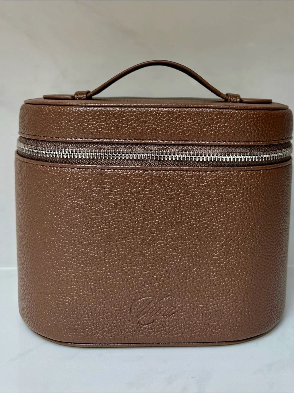 Structured Brown Leather Cosmetic Case with Top Handle