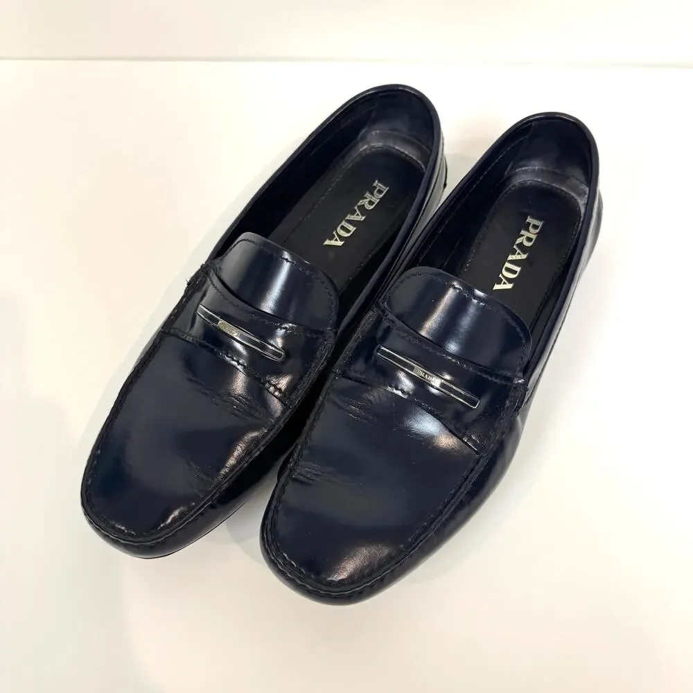 PRADA Patent Leather Navy Blue Silver Metal Logo Plaque Driving Loafer 10 Shoes