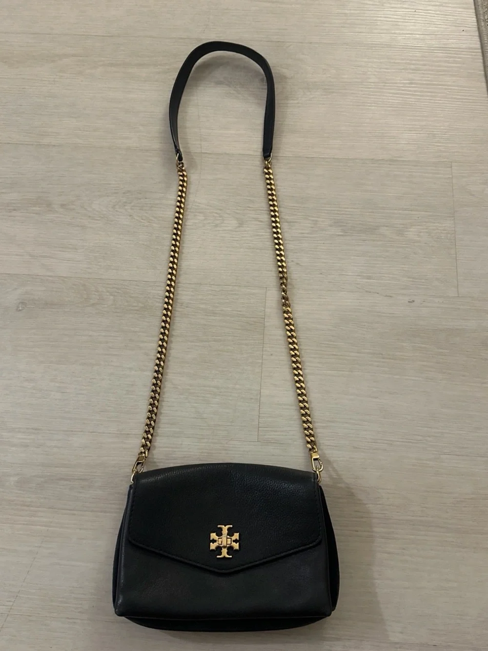 Tory Burch Black Leather Crossbody with Gold Chain Strap