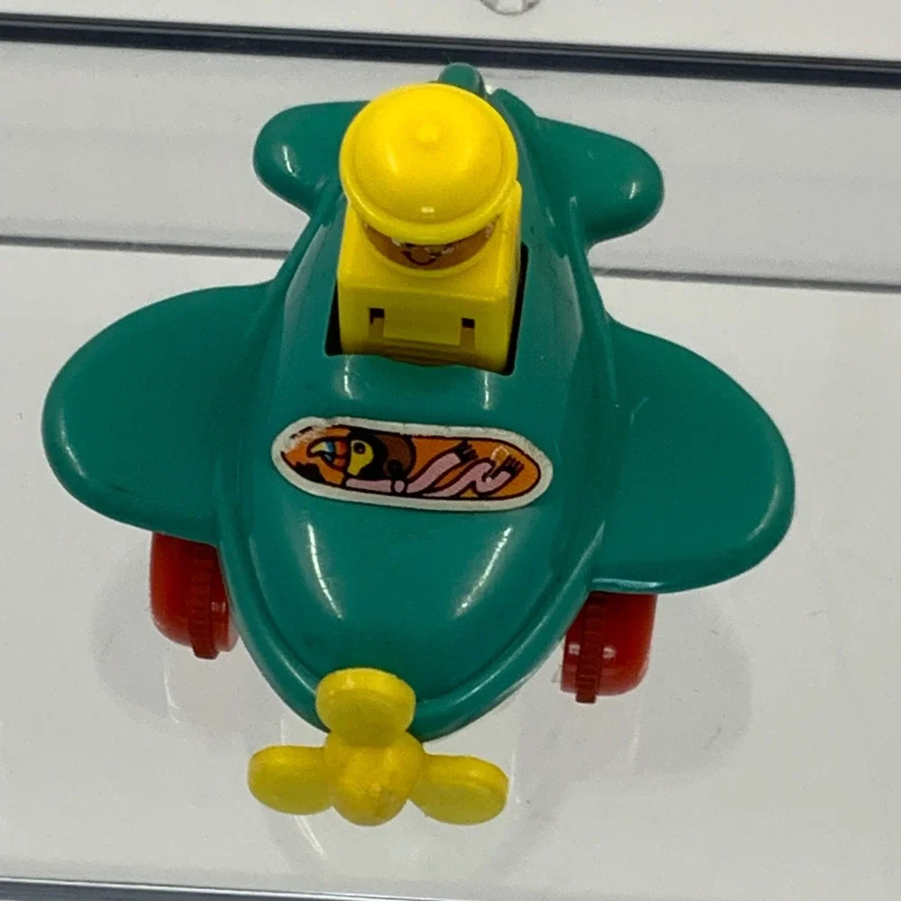 Vintage Tomy Wind Up Airplane Toy Teal White Red Wheels Pilot Figure Singapore