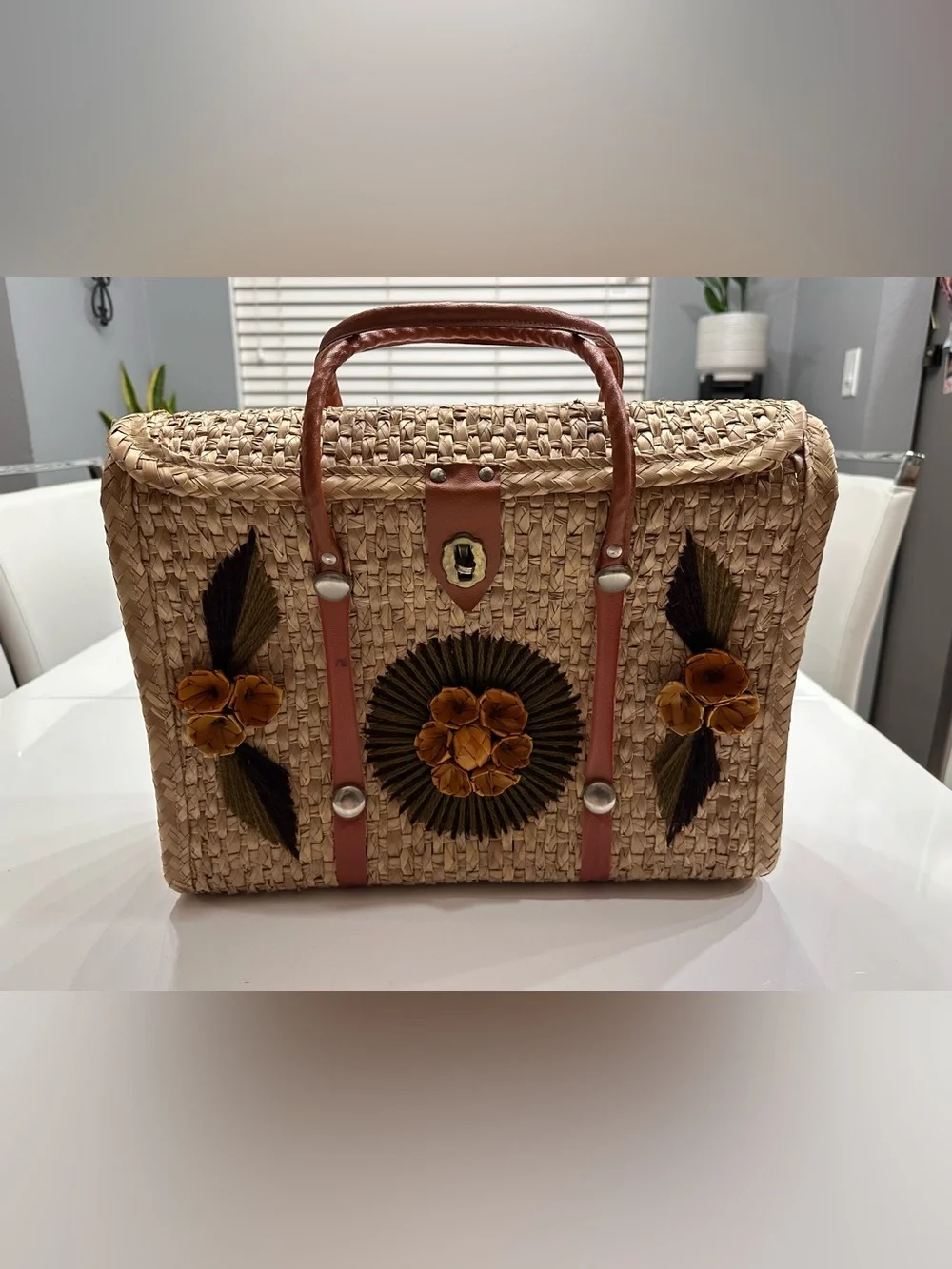 Vintage 70s Mexican Straw Woven Basket Purse Floral Raffia Boho Box Bag