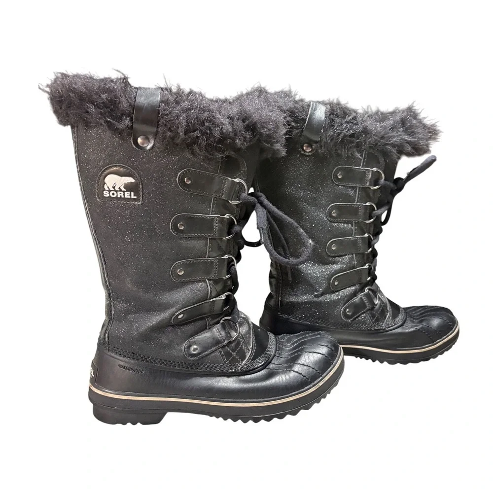 Sorel‎ Tofino Snow Boots Women 8 Black Sparkle Waterproof Faux Fur Trim EUC