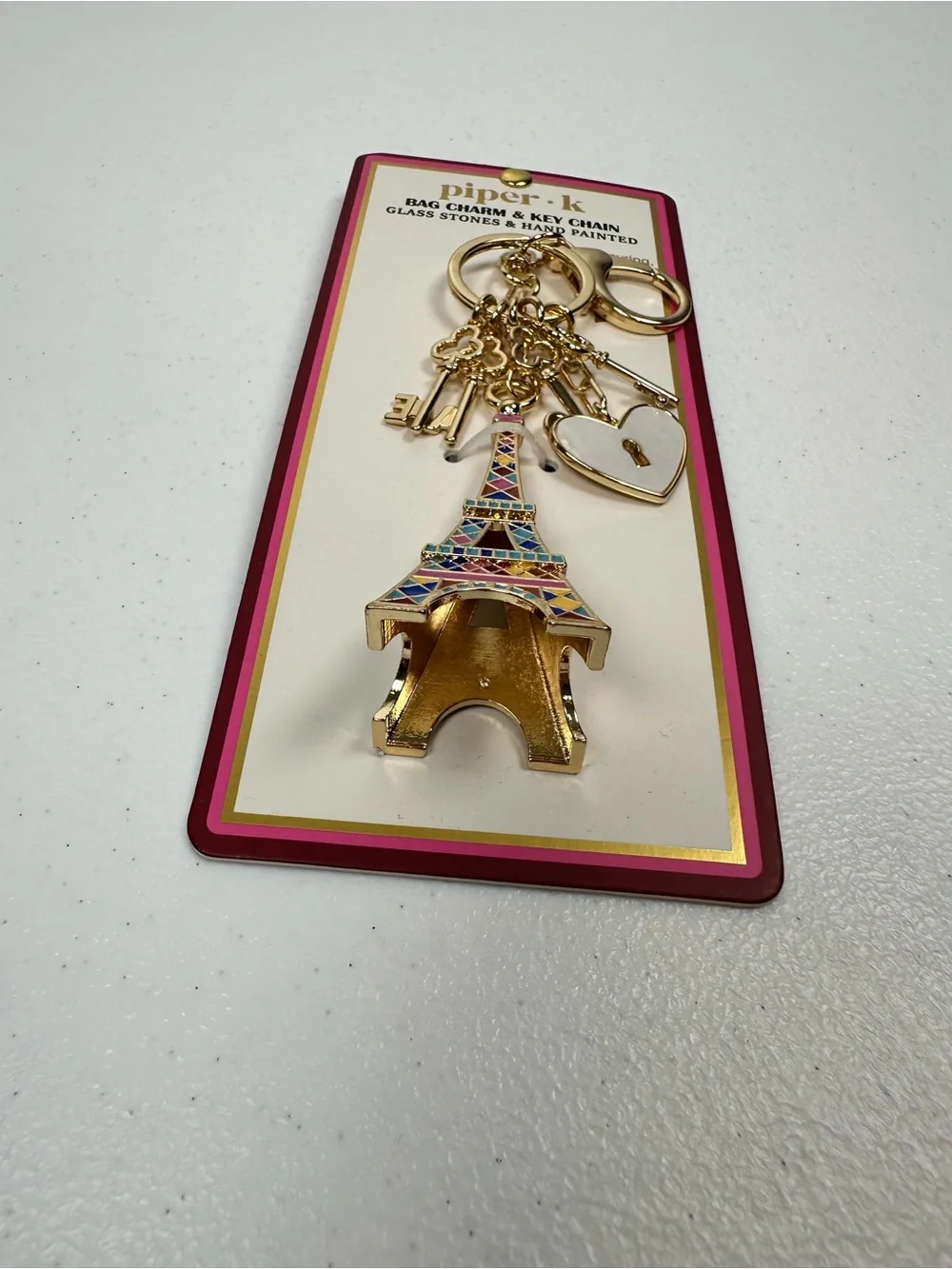 NEW PIPER K‎ PARISIAN DAYDREAM EIFFEL TOWER LOVE HEART GOLD BAG CHARM KEY RING