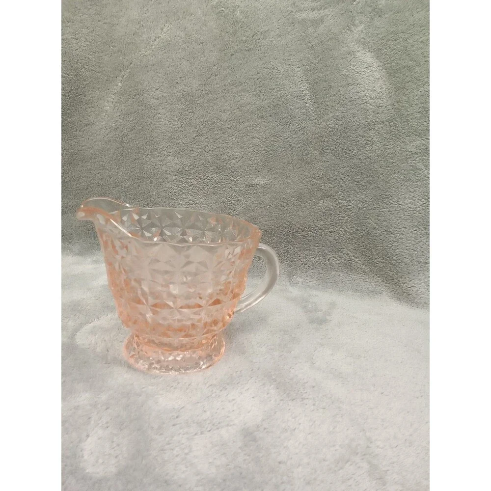 Vintage Pink Glass Creamer, Jeanette, Holiday Pink/Buttons and Bows,‎ 3.5” tall