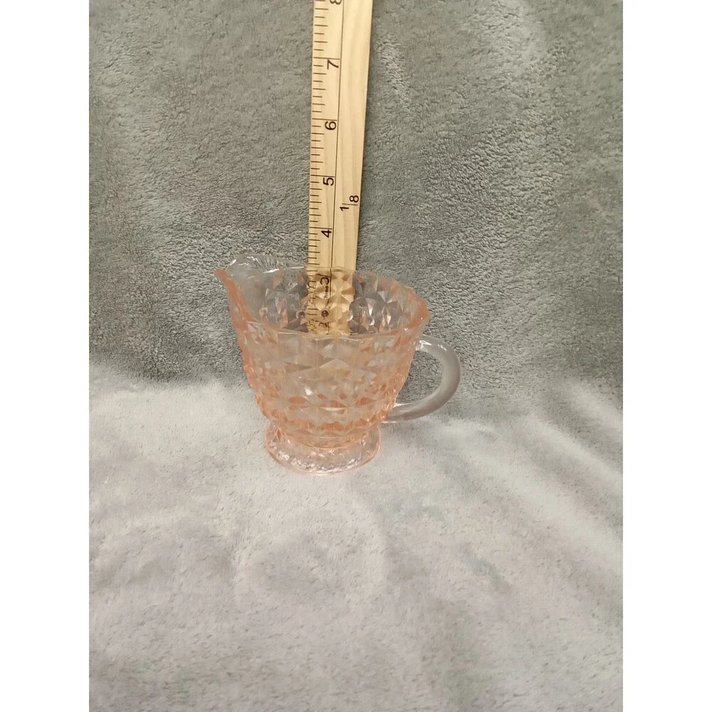Vintage Pink Glass Creamer, Jeanette, Holiday Pink/Buttons and Bows,‎ 3.5” tall