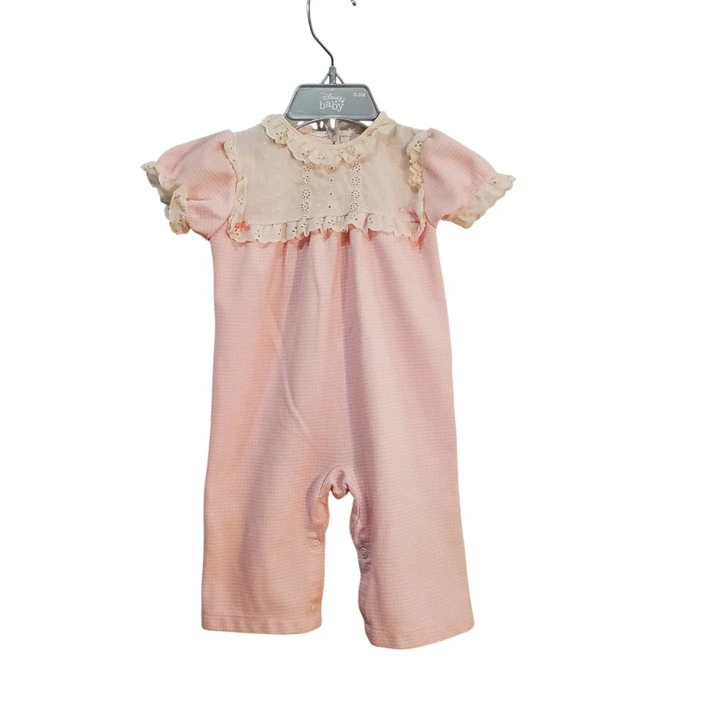 Carters Vintage Romper Lace Collar Pink Waffle Knit Short Sleeve 9 M Made In USA