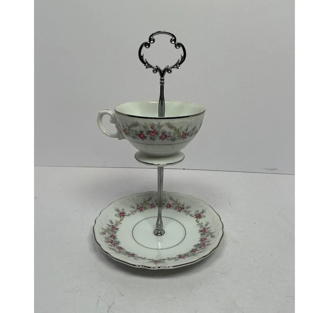 Tiered Stand Unisex OS White Floral Silver Rim 2-Tier Teacup Saucer‎ Upcycle