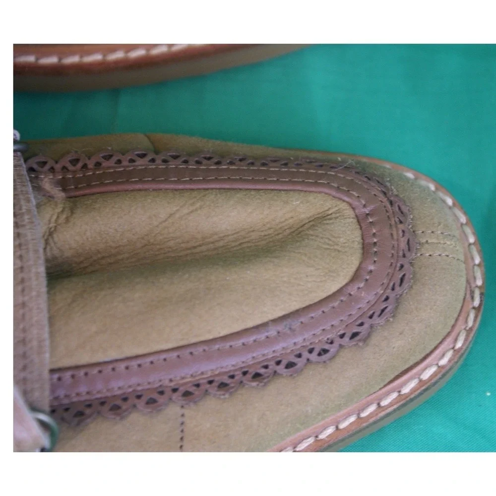 Cole Haan Tan Leather Shearling Lined Tall Lace Up Boots Zip Scalloped Trim W7.5