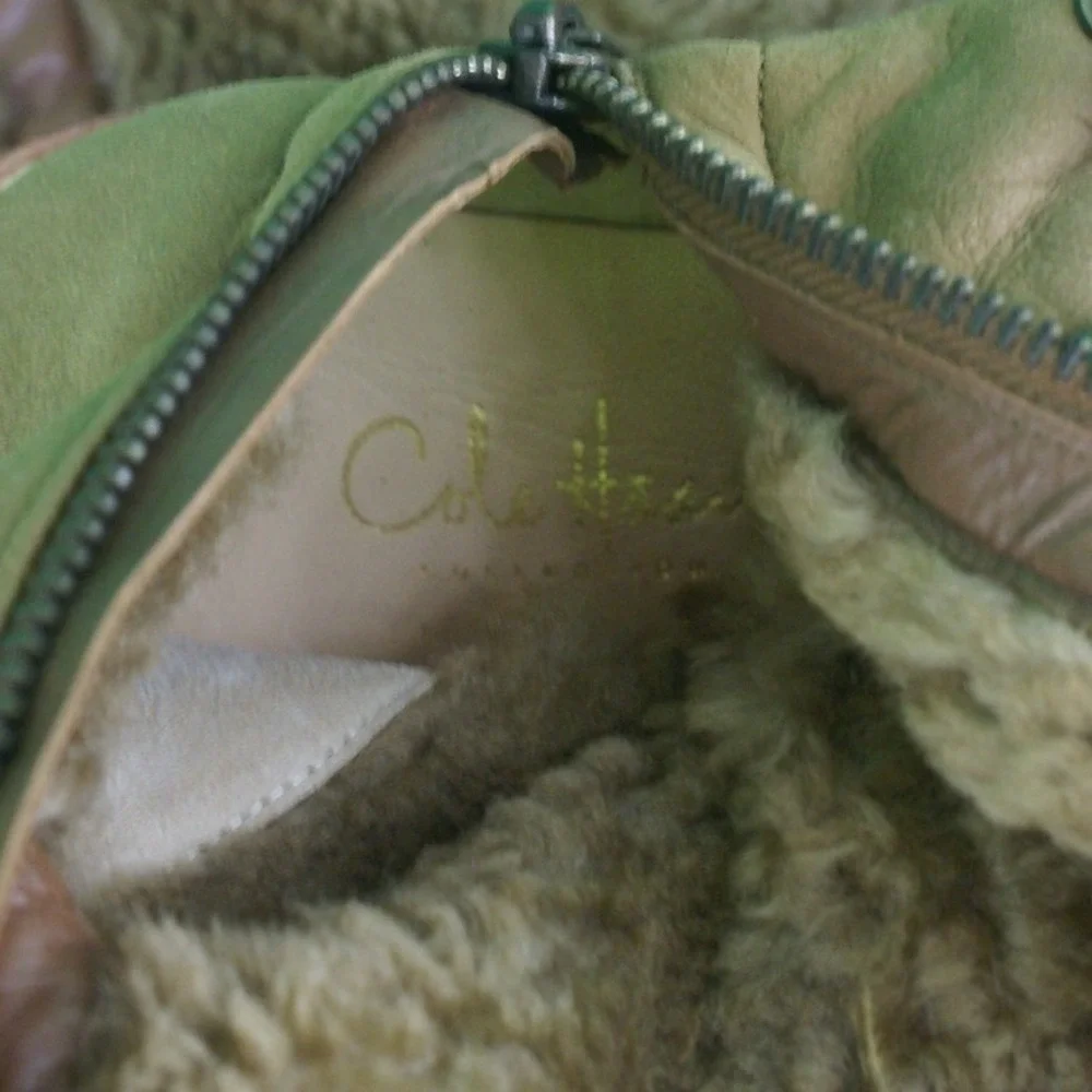 Cole Haan Tan Leather Shearling Lined Tall Lace Up Boots Zip Scalloped Trim W7.5