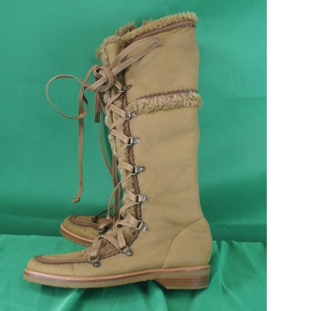 Cole Haan Tan Leather Shearling Lined Tall Lace Up Boots Zip Scalloped Trim W7.5