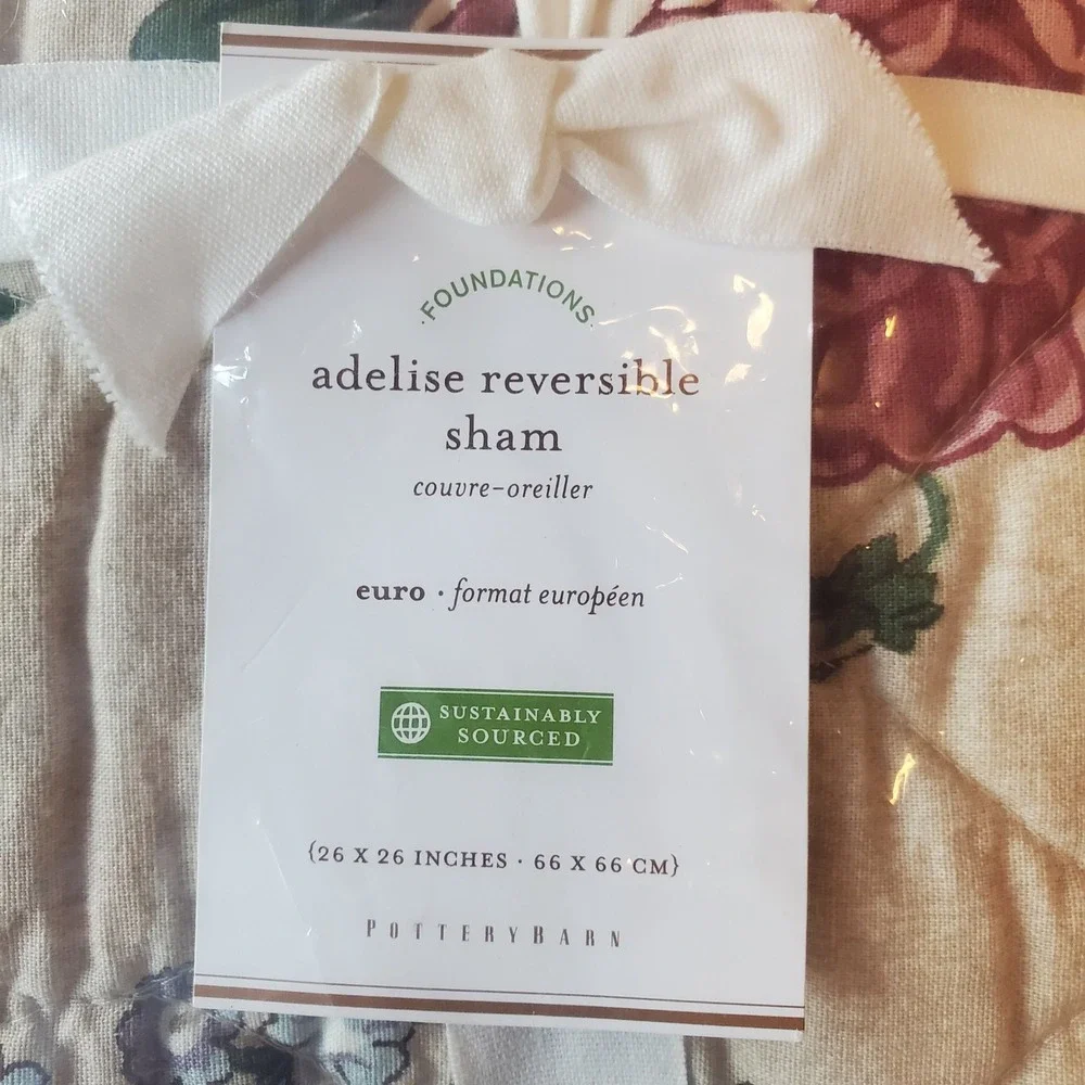 Pottery Barn Adelise Reversible Euro Sham Set of 2‎ Floral Rose Cotton Linen NEW