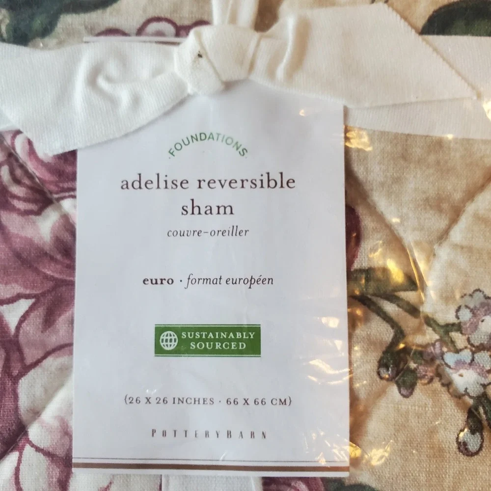 Pottery Barn Adelise Reversible Euro Sham Set of 2‎ Floral Rose Cotton Linen NEW