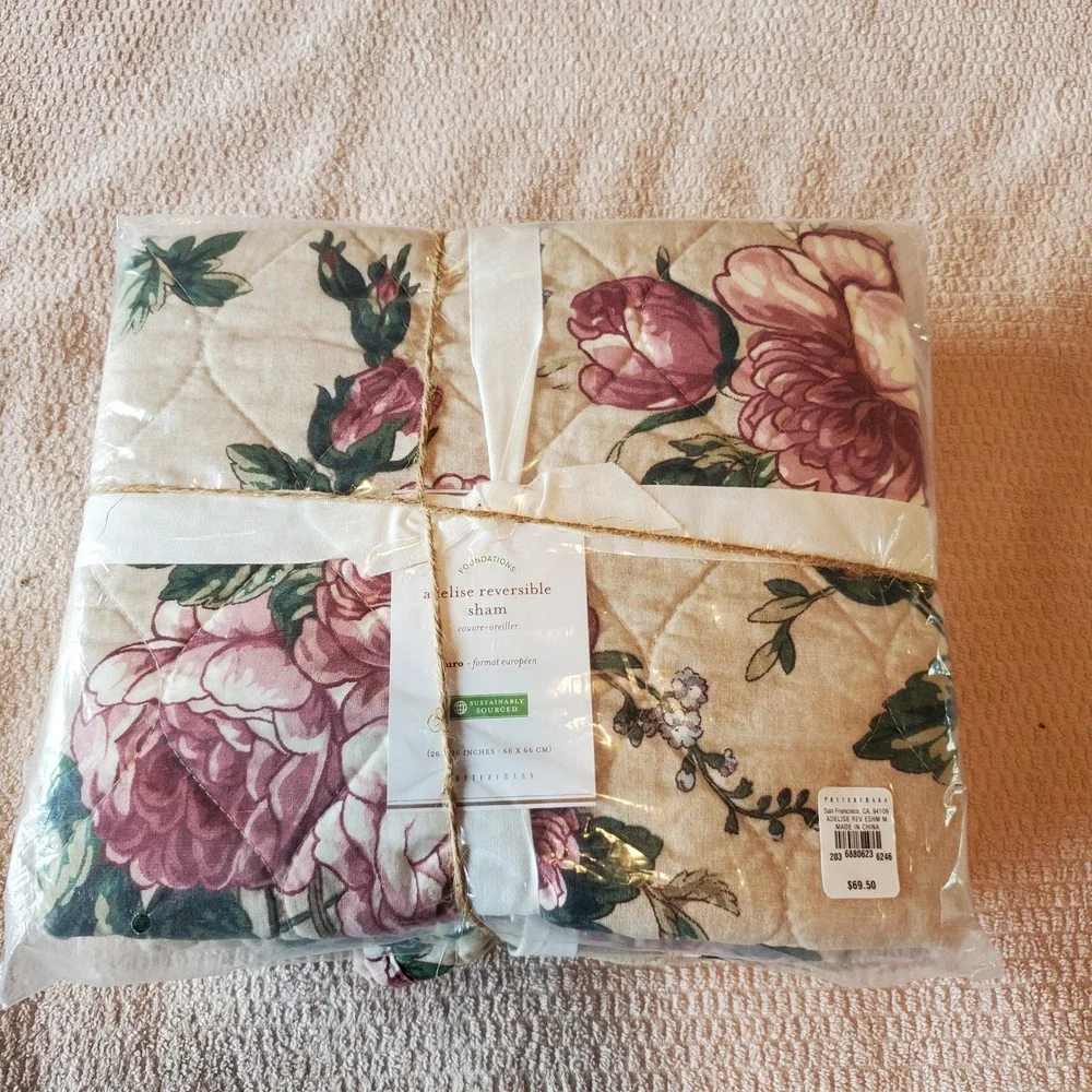 Pottery Barn Adelise Reversible Euro Sham Set of 2‎ Floral Rose Cotton Linen NEW