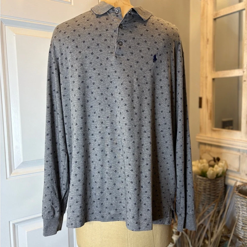 Ralph Lauren Gray and Blue Long Sleeve Classic‎ Fit Polo Shirt Size Large