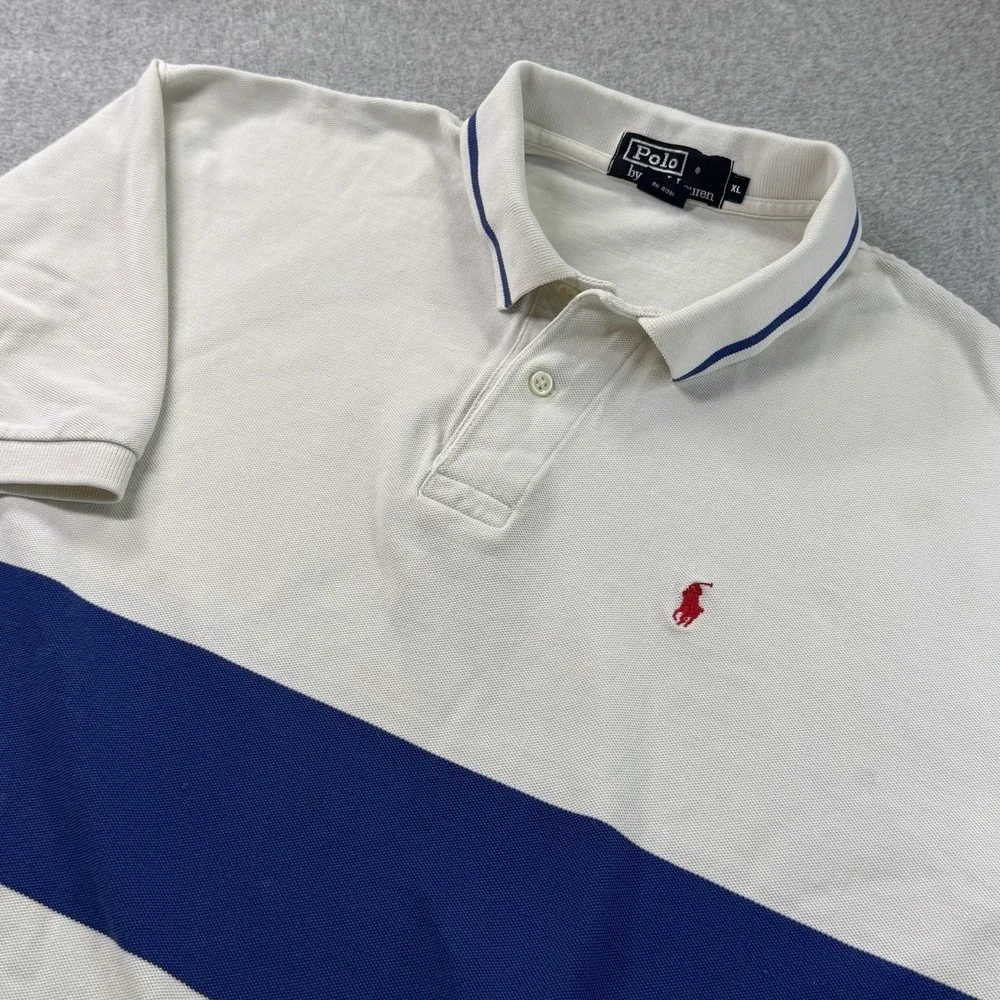 Y2K Polo by Ralph Lauren Colorblock Polo Shirt XL Cream‎ Navy Stripe Vintage