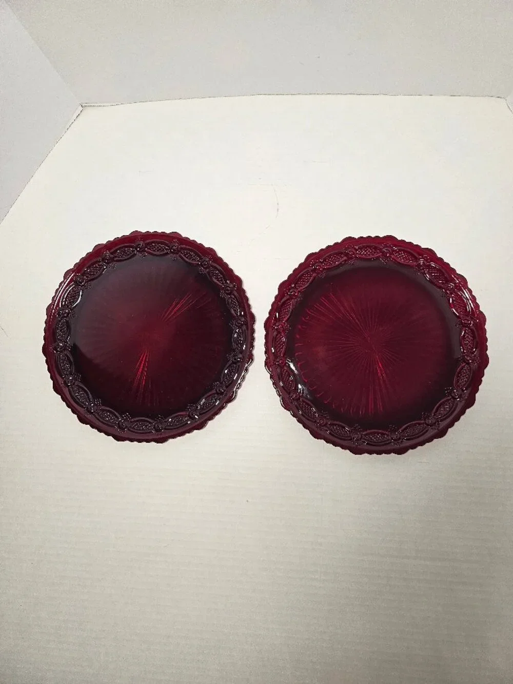 Vintage Avon, 1876 Cape Cod Ruby Red Glass Dinner Plates Set Of Two 10.75