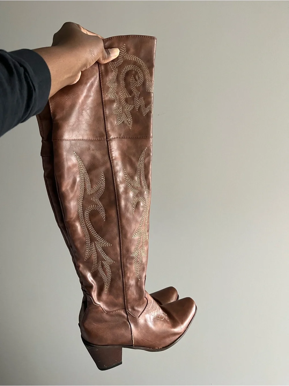 Brown Embroidered Knee-High Western Boots
