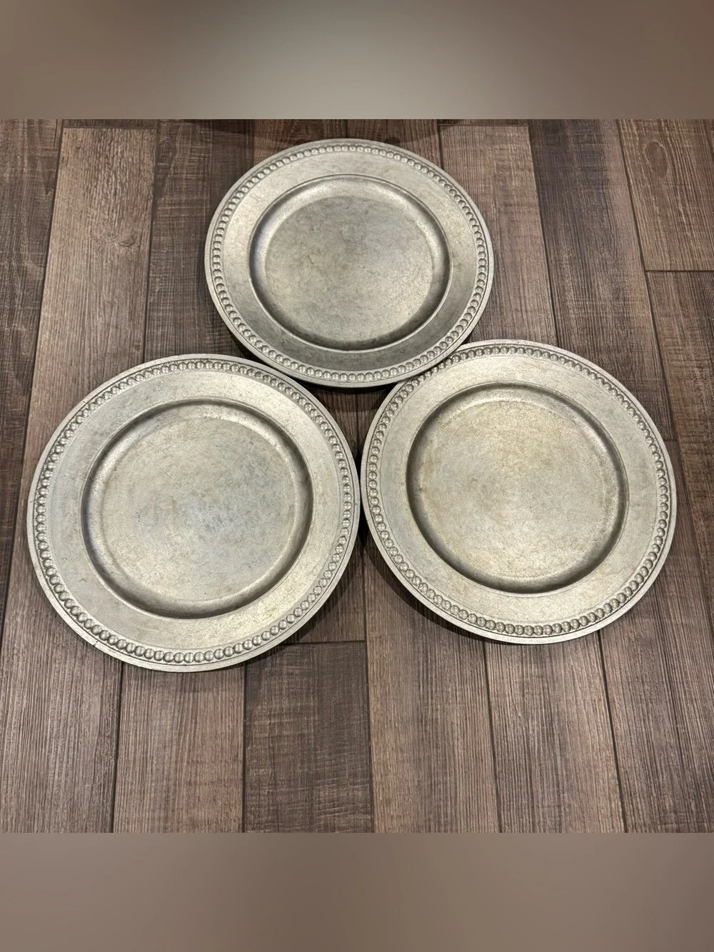 Set of 3 Pottery Barn Beaded Silver Gilt Charger Plates Pewter-Look