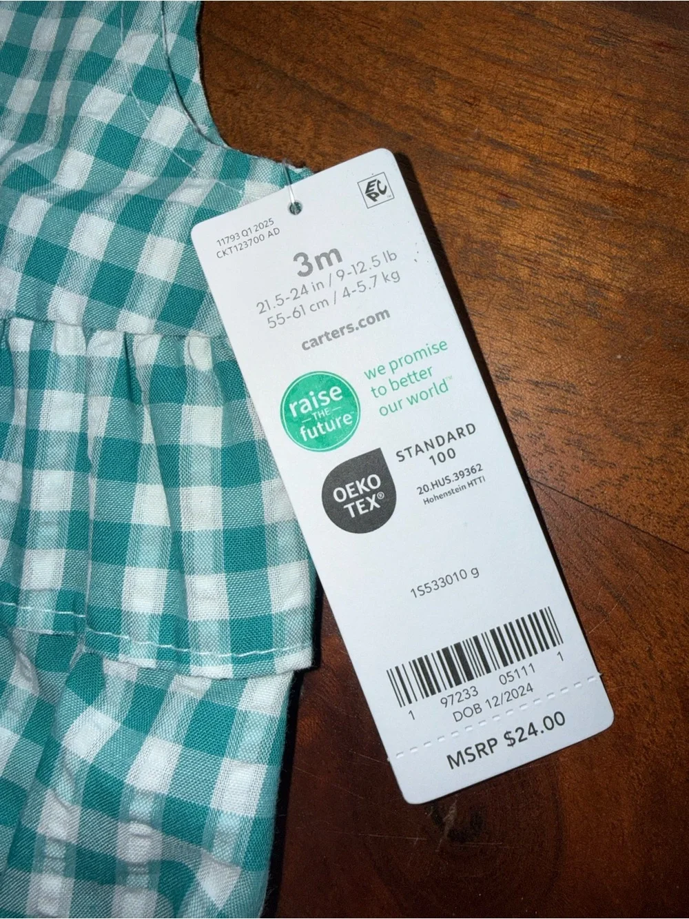 Carter's Teal and‎ White Gingham Baby Romper