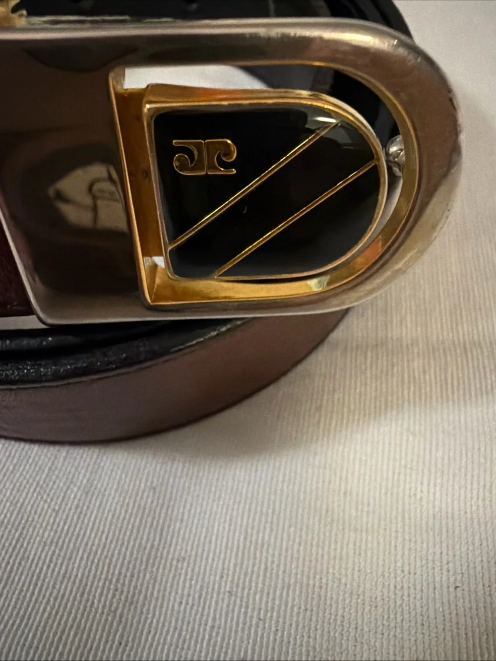 Vintage Pierre Cardin Gold and reversible Brown Black Logo Buckle Leather Belt