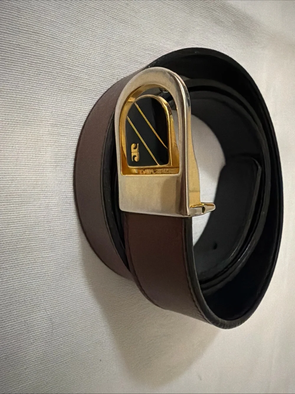Vintage Pierre Cardin Gold and reversible Brown Black Logo Buckle Leather Belt