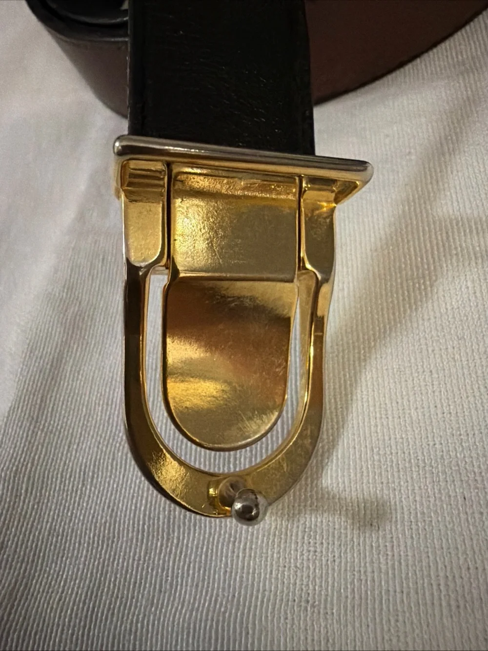 Vintage Pierre Cardin Gold and reversible Brown Black Logo Buckle Leather Belt