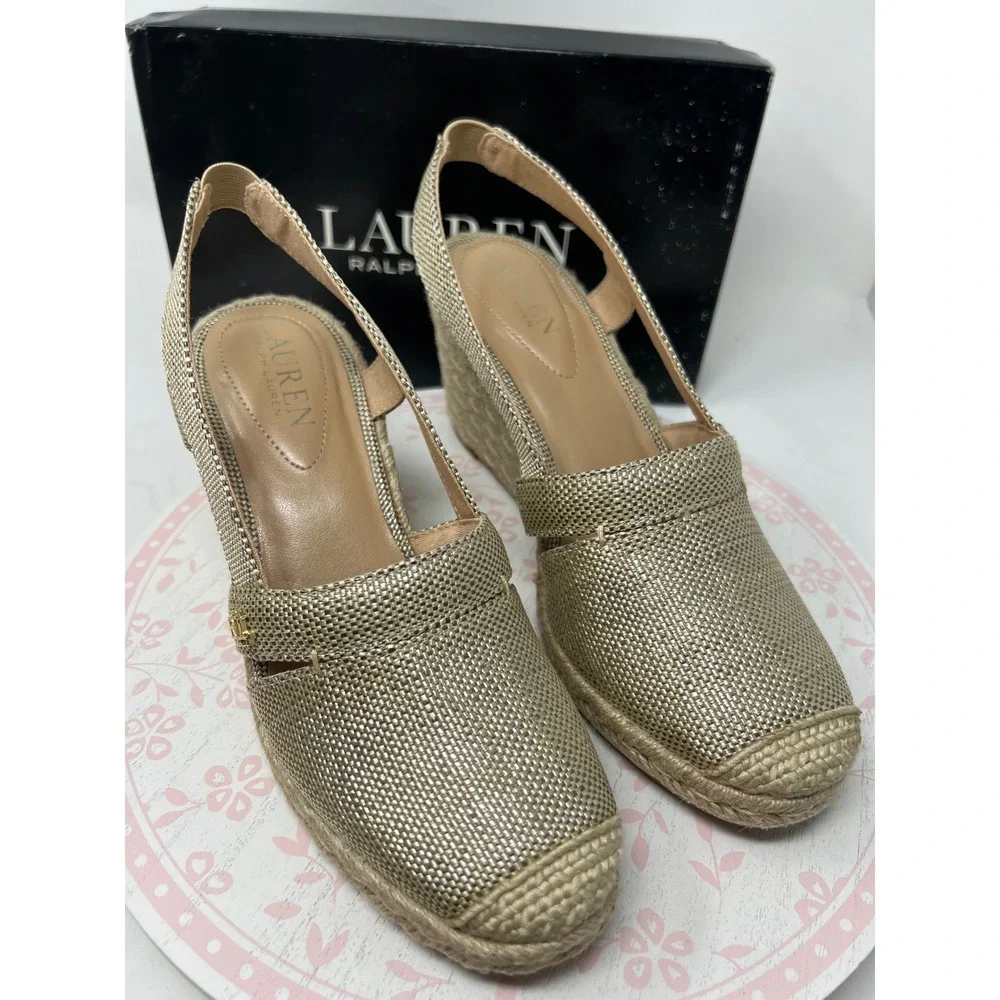 LAUREN Ralph Lauren Penelopie Espadrille Wedge Women 6 Silver Metallic Straw New