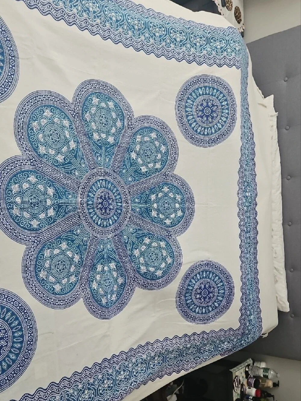 Cream and Blue Floral Mandala Tapestry Wall Hanging